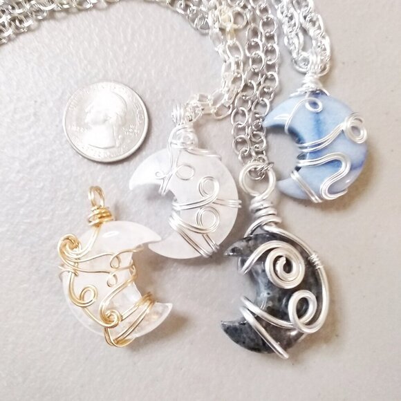 Chunky Larvikite Moon Pendant! Wire Wrapped - Gray Silver Black Labrador… - Picture 11 of 12
